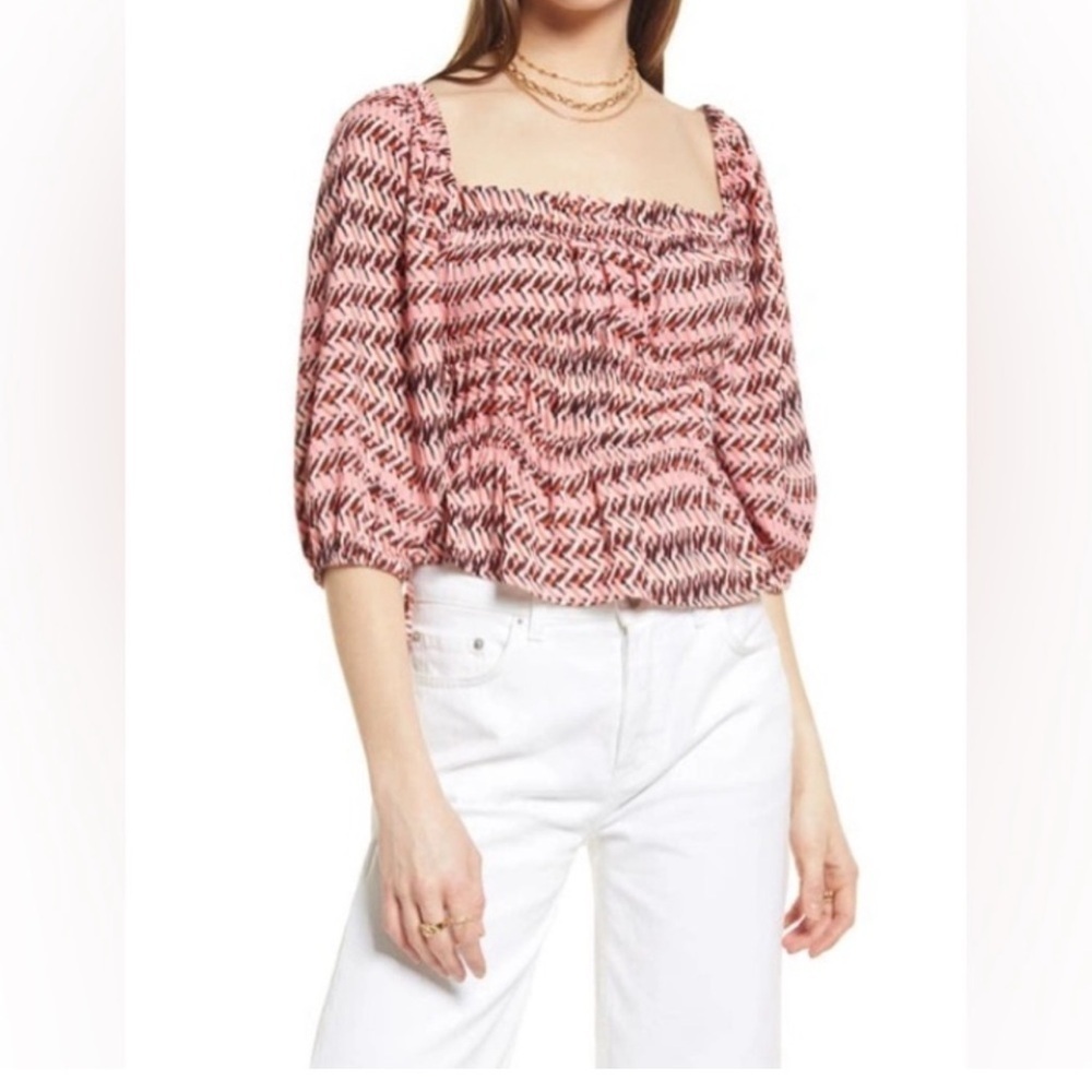 NWT Open Edit Shirring Detail Square Neck Top In Pink Peony Wave Geo Size XXS/0